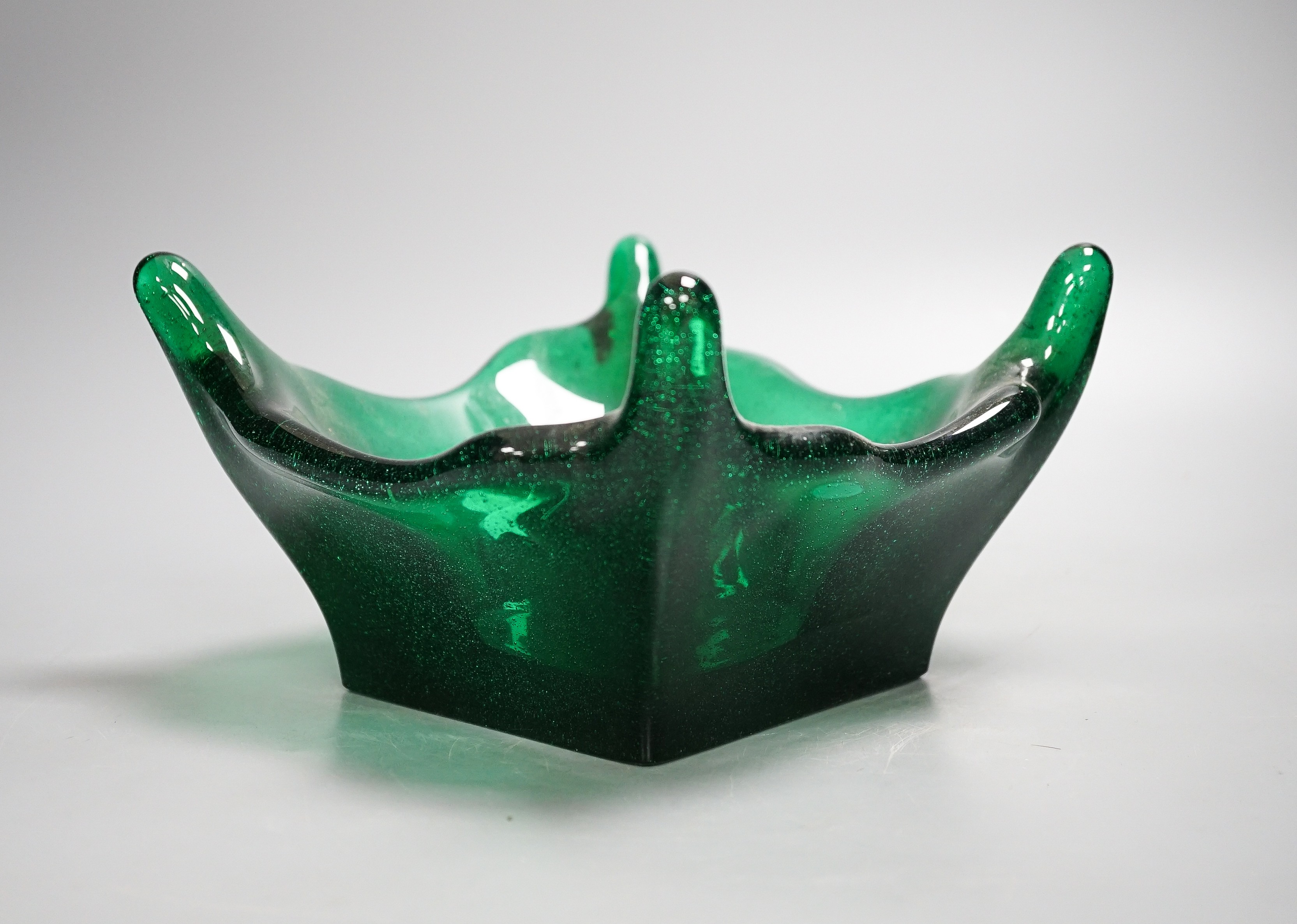 A large green studio glass bowl 27cm corner to corner